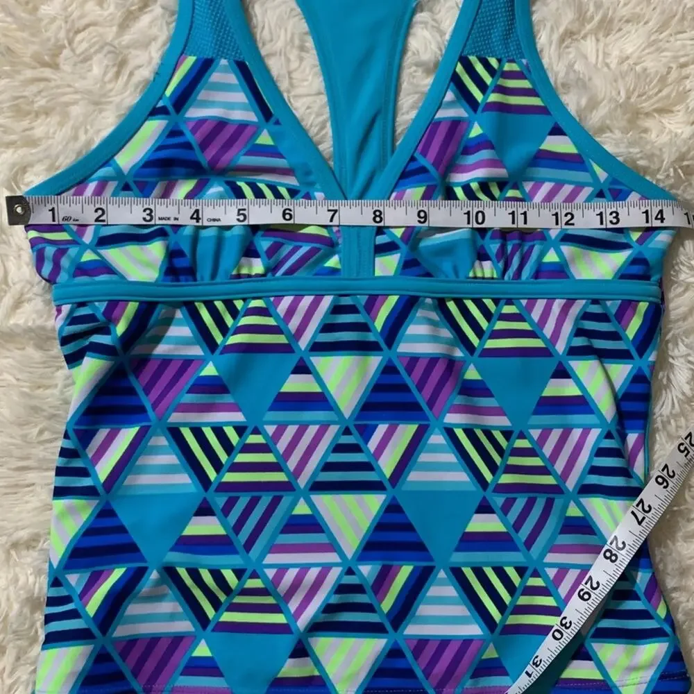 Justice Girls Swim Tank Blue and Geometric Print